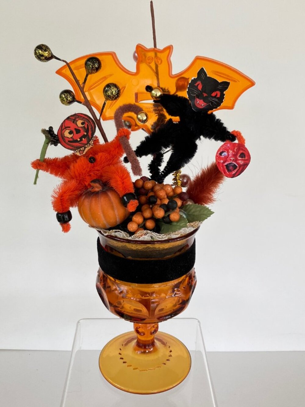 Indiana Glass Kings Crown Thumbprint Amber Goblet Halloween Chenille Vignette